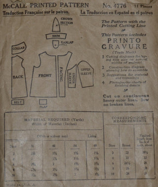 McCall 4776 1920s vintage boys coat and cap pattern Size 2 - Dressing Vintage