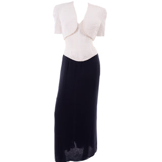 Navy Blue & White Silk Vintage Oscar de la Renta Evening Dress w Tags Bolero & Bustier