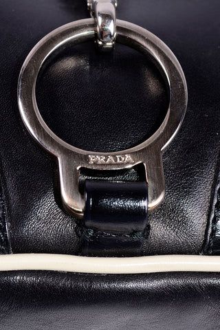 1990s Prada Black & White Perforated Leather Top Handle Handbag authentic