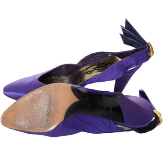 1985 Yves Saint Laurent Documented Purple Satin Rhinestone Slingback YSL Shoes fits size 8 M