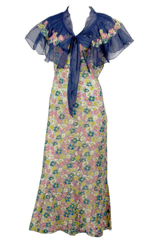 1930's Adaptation Chanel Paris Floral Applique Silk Chiffon Floral Vintage Dress