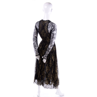 Vintage Geoffrey Beene Gold & Black Lace Evening Dress with sheer sleeves