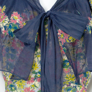 1930's Adaptation Chanel Paris Floral Applique Silk Chiffon Floral Vintage Dress with Bow