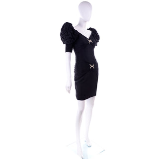 1980s Ruched Vintage Silk Cocktail Evening Dress In Tonal Black Polka Dots