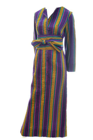 Vintage 1970s Quilted Silk Caftan with Stripes and Sash Bohemian Kaftan