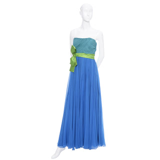 1960s Silk Chiffon Vintage Formal Dress In Aqua Lime and Blue - Dressing Vintage