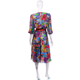 1980s Diane Freis Multi-Colored Botanical Print Dress Pleated Puff Sleeves