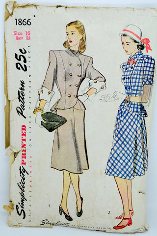 1946 Simplicity 1866 Two Piece Dress Vintage Sewing Pattern