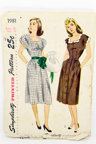 1947 Simplicity 1981 Vintage Button Front Dress Sewing Pattern 1940s