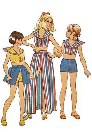 Simplicity 5598 Vintage Girls 1973 Sewing Pattern Skirt Midriff Top & Shorts