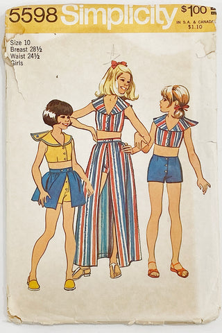 Simplicity 5598 Vintage Girls 1973 Sewing Pattern Skirt Midriff Top & Shorts Childs