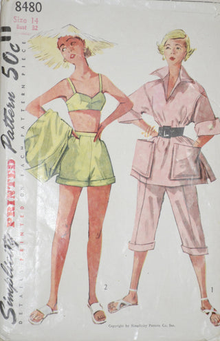 Simplicity 8480 vintage Shorts Pedal Pushers bra beachwear pattern - Dressing Vintage