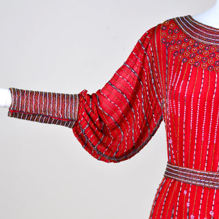1980s Red Silk Beaded Vintage Dress in 1920s Style w/ Original Belt