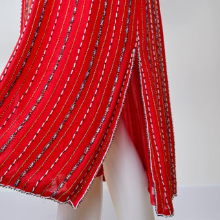 1980s Red Silk Beaded Vintage Dress in 1920s Style w/ Original Belt