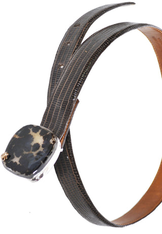 Vintage Stephen Dweck one of a kind sterling silver Spotted Moonstone buckle on lizard belt - Dressing Vintage