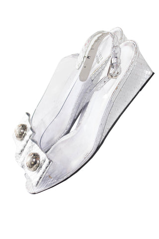 Stuart Weitzman silver snakeskin clear wedge vintage designer shoes 7M - Dressing Vintage