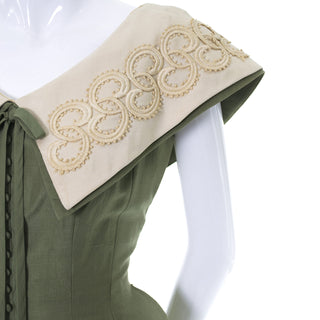 1950s Green Suzy Perette Vintage Dress Raw Silk Soutache Trim Collar - Dressing Vintage