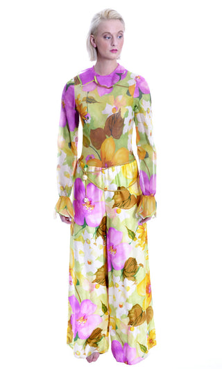1960s New Tina Leser Jumpsuit Vintage Silk Floral Tulip Sleeves with Vest - Dressing Vintage