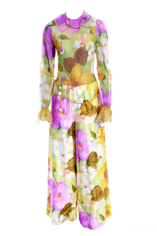 1960s New Tina Leser Jumpsuit Vintage Silk Floral Tulip Sleeves with Vest - Dressing Vintage