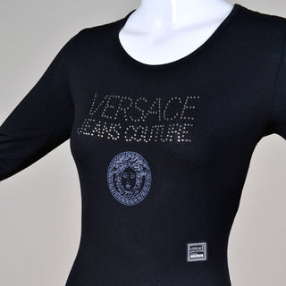 1990s vintage black Gianni Versace Jeans Couture Black Bodysuit Logo Top w Medusa