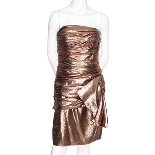 1980s Vicky Tiel Vintage Silk Lurex Metallic Strapless Dress Size 6 Ruching