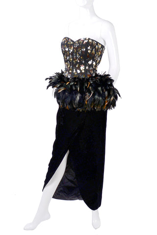 1980s Victor Costa beaded sequined feather vintage evening dress