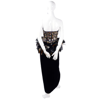 1980s Victor Costa vintage evening gown w/ beads sequins feathers
