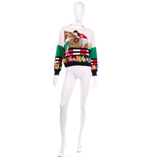 1980s Vintage Berek Cotton Jockey Equestrian Horse Novelty Sweater