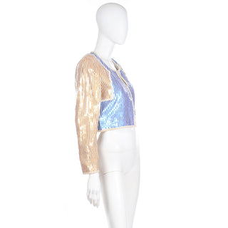 1980s Bill Blass Blue Gold & White Sequin Paillette Cropped Evening Jacket