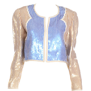 1980s Bill Blass Blue Gold & White Sequin Paillette Cropped Jacket made in USA
