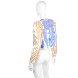 1980s Bill Blass Blue Gold & White Sequin Paillette Cropped Jacket Size S/M