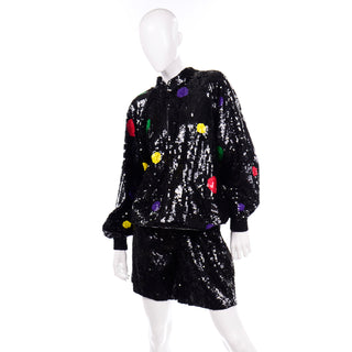 Vintage Lillie Rubin Black Silk Sequin Shorts & Zip Front Sweatshirt Set W Polka Dots Medium Unique ensemble