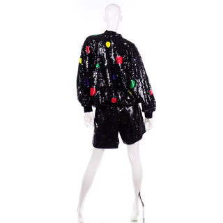 Vintage Lillie Rubin Black Silk Sequin Shorts & Zip Front Sweatshirt Set W Polka Dots Medium Size