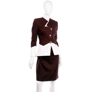 Vintage Travilla Brown & White Cotton Pique Skirt & Jacket Suit 10
