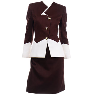 Vintage Travilla Brown & White Cotton Pique Skirt & Jacket Suit 1980s Color Block size 10