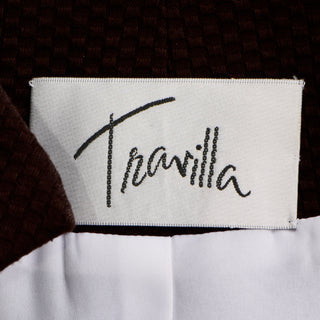 Vintage Travilla Brown & White Cotton Pique Skirt & Jacket Suit sz 10 1980s