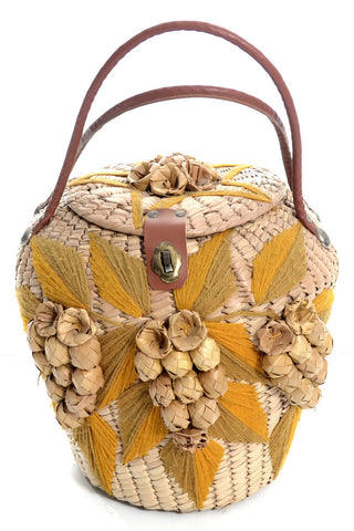 1960's Vintage Handbag Woven Straw Tropics Leather Trim - Dressing Vintage