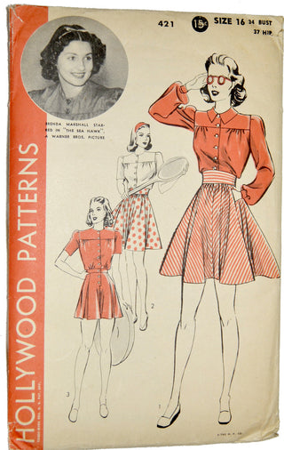 Brenda Marshall Hollywood Pattern 421 UNCUT Playsuit Tennis Skirt 1940s 34B - Dressing Vintage