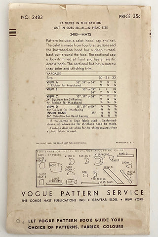 Vogue 2483 Vintage Girls Hat Sewing Pattern