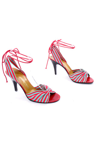 Vintage Xavier Denaud Red & Blue Striped Fabric Heels
