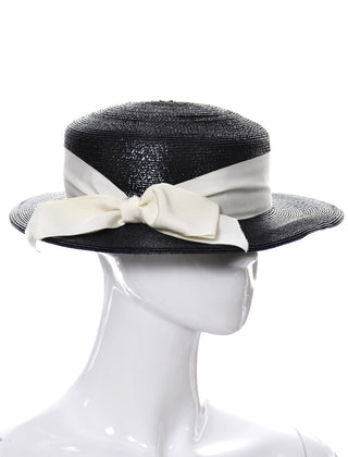 1970s Vintage Yves Saint Laurent Black Straw Boater Hat with Ribbon SOLD - Dressing Vintage