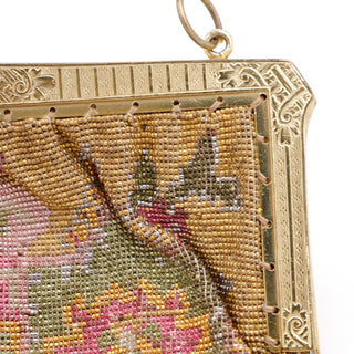 1910s Vintage Beaded Handbag w Steel Beads & Engraved Gold Gilt Frame