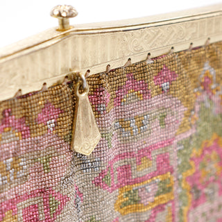 1910s Vintage Beaded Handbag w Steel Beads & Decorative Gold Gilt Frame Edwardian Handbag