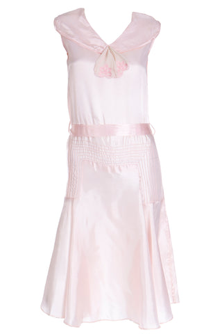 1920s Pink Satin Sleeveless Dress with Belt and Organza Bow