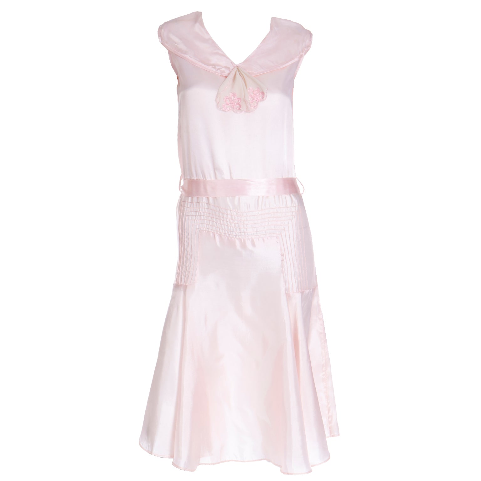 1920s Pink Satin Sleeveless Dress with Belt and Organza Bow 1920s Pink Satin Sleeveless Dress with Belt and Organza Bow
