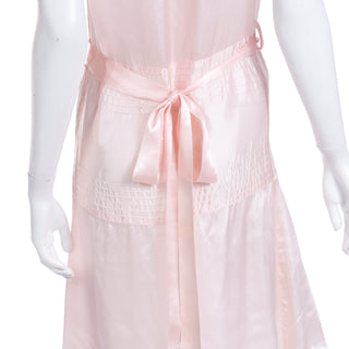 Vintage 1920s Pink Satin Sleeveless Dress with Belt, Pintucks, Chelsea Collar and Organza Bow