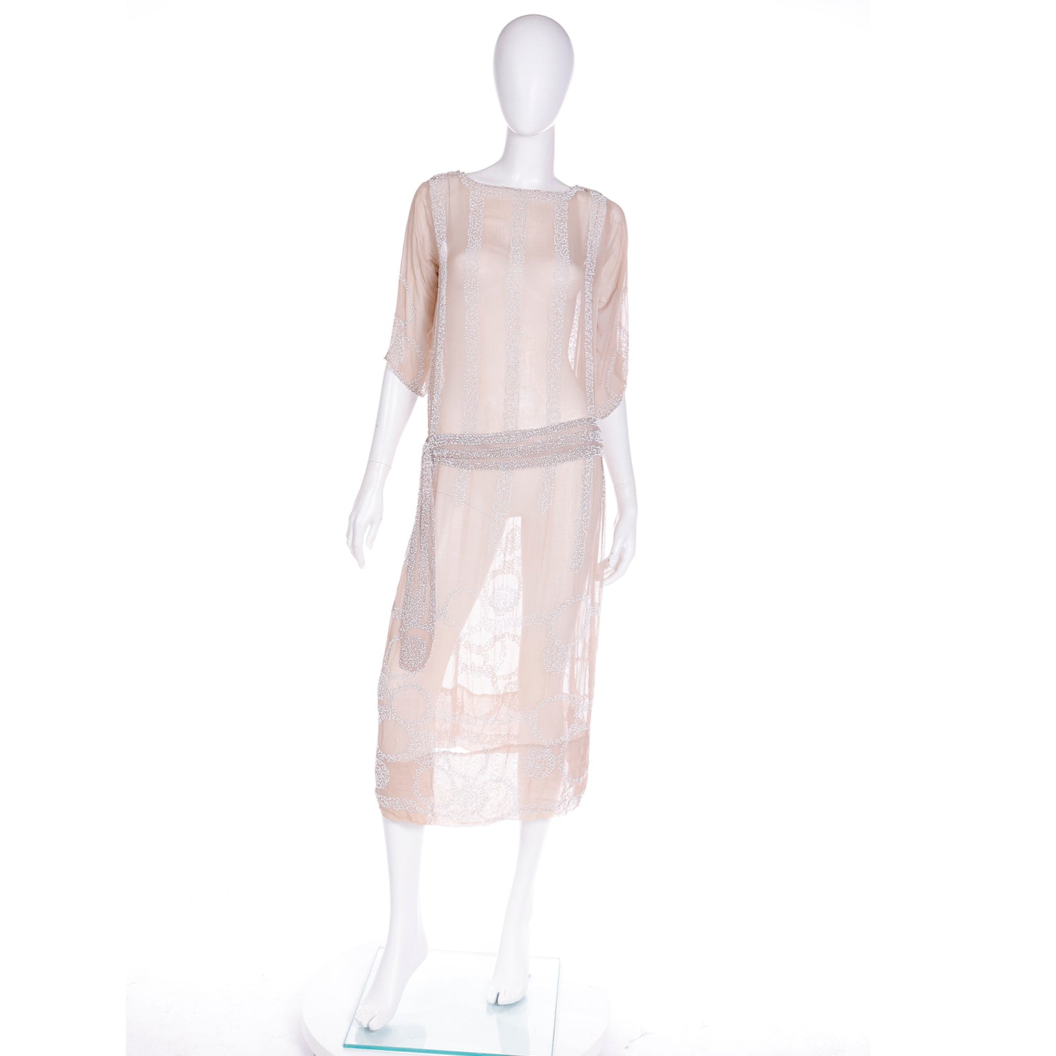 1920s Nude Sand Silk White Beaded Flapper Dress w Beaded Belt Modig 1920s Nude Sand Silk White Beaded Flapper Dress w Beaded Belt Modig