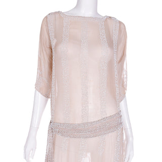 1920s Vintage Nude Sand Silk Beaded Flapper Dress w Beaded Belt at Drop Waist