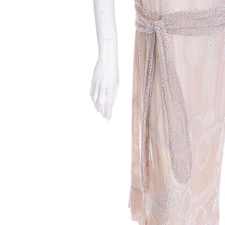1920s Vintage Nude Sand Silk Beaded Flapper Dress w Beaded Belt 20s