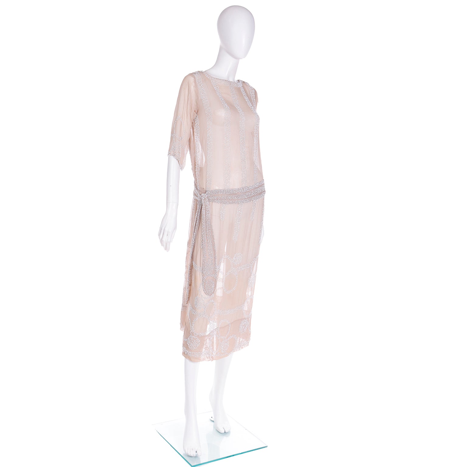 1920s Nude Sand Silk White Beaded Flapper Dress w Beaded Belt Modig 1920s Nude Sand Silk White Beaded Flapper Dress w Beaded Belt Modig